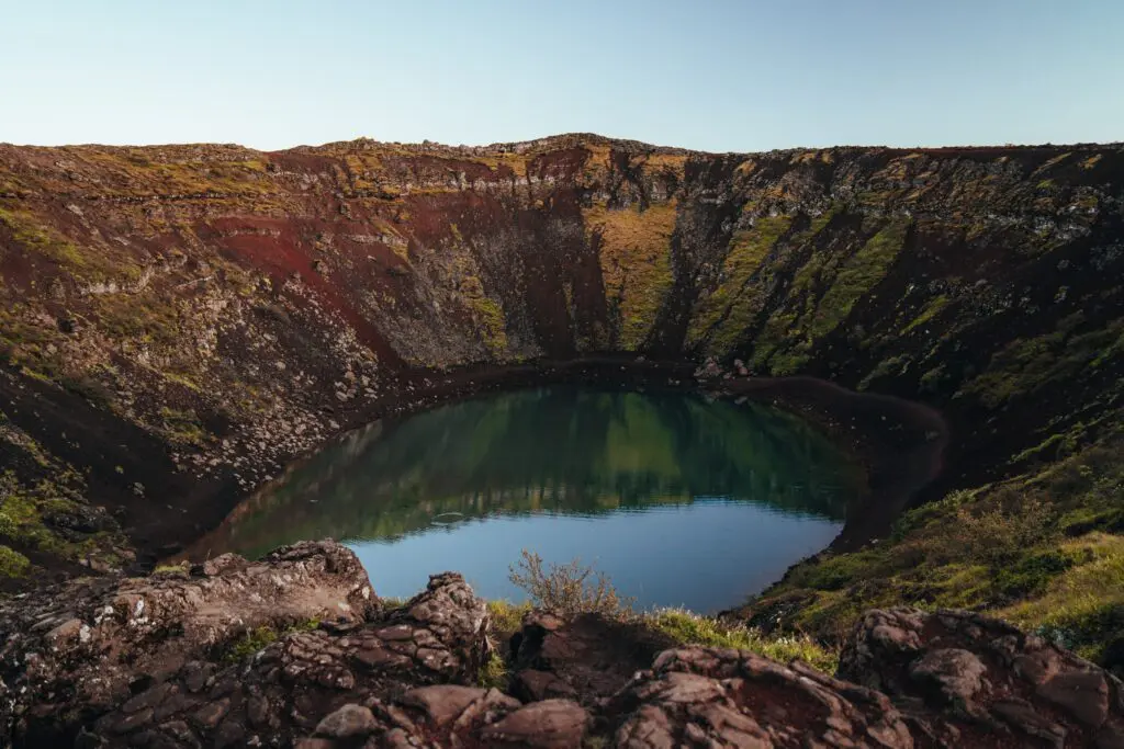 Kerid crater lake in Iceland with vibrant blue-green water