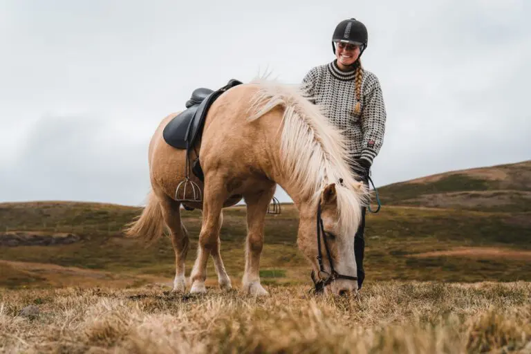 smiling woman with Icelandic horse grazing in a field