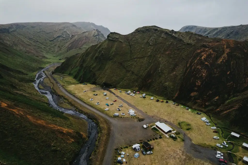 aerial view of a campsite in a green valley in Iceland